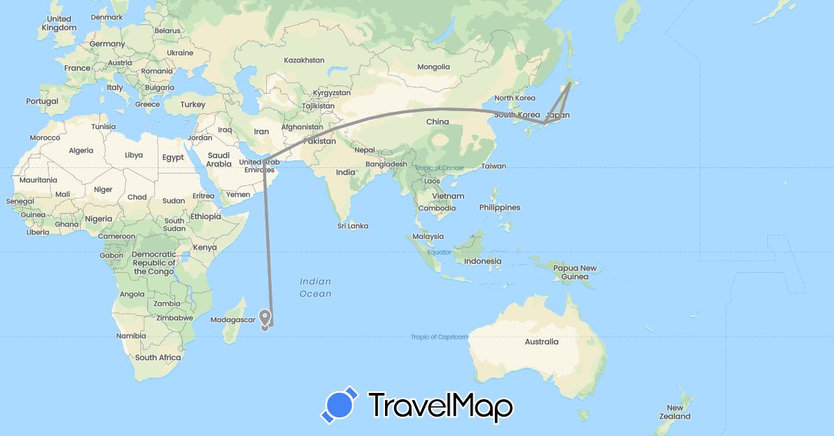 TravelMap itinerary: driving, plane in United Arab Emirates, France, Japan, Mauritius (Africa, Asia, Europe)